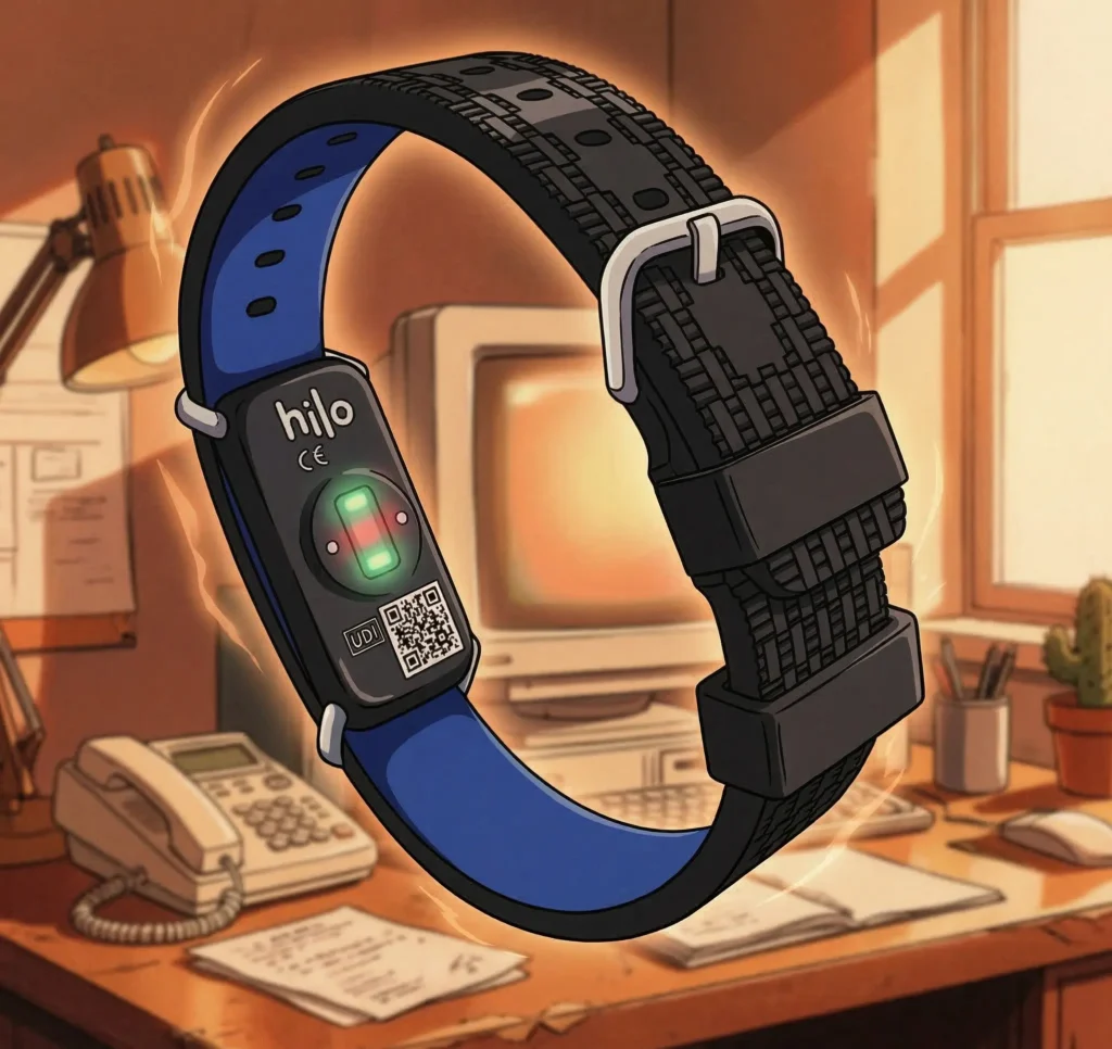 Aktiia Hilo wearable blood pressure monitor band with CE marking and UDI code on wrist
