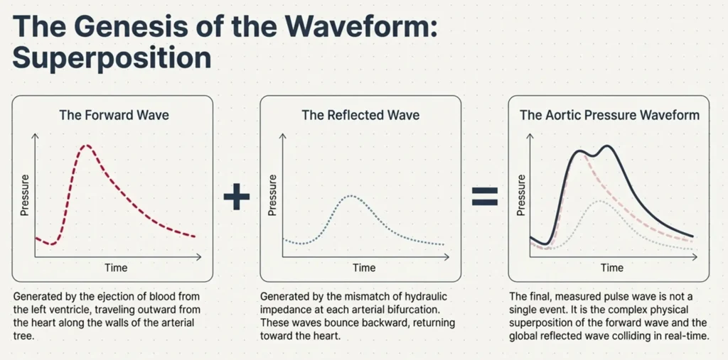 Diagram showing how the forward wave from the heart and the reflected wave from arterial branches combine to form the final aortic pressure waveform