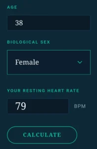 The Resting Heart Rate Calculator interface on BioSenseReview showing input fields for age (38), biological sex selector set to Female, and resting heart rate field with 79 BPM entered. The teal Calculate button processes the input against CDC NHANES population reference data stratified by age group and biological sex to determine cardiovascular health categories ranging from Athlete to High.