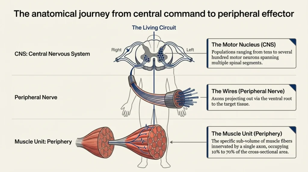 Schematic diagram illustrating the anatomical journey of a motor unit, detailing the motor nucleus in the spinal cord, axonal projections through the peripheral nerve, and innervation of the peripheral muscle unit.