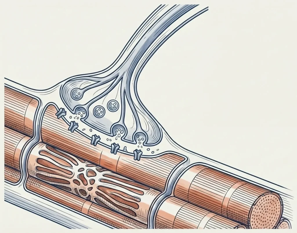 Anatomical illustration of a neuromuscular junction showing a motor neuron axon terminal releasing synaptic vesicles into the synaptic cleft, binding to receptors on the striated skeletal muscle fiber sarcolemma.