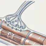 Anatomical illustration of a neuromuscular junction showing a motor neuron axon terminal releasing synaptic vesicles into the synaptic cleft, binding to receptors on the striated skeletal muscle fiber sarcolemma.