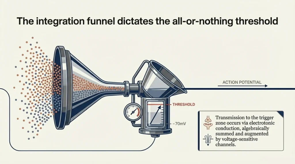 Metaphorical diagram of a neuron's integration funnel demonstrating how incoming signals are algebraically summed to reach the all-or-nothing threshold for firing an action potential.