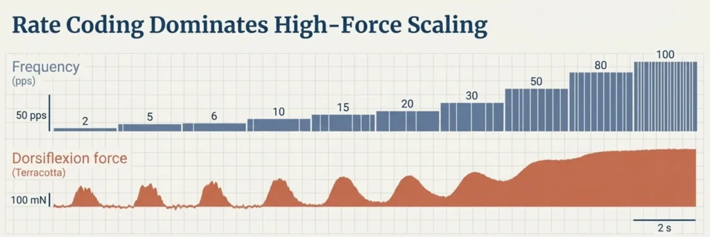 Graph demonstrating rate coding in muscle contraction, showing how increasing stimulation frequency from 2 to 100 pulses per second scales dorsiflexion force from individual twitches to fused tetanus.