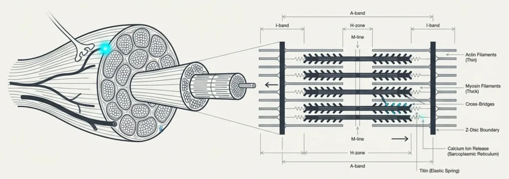Schematic illustrating skeletal muscle hierarchy from fascicle to myofibril, detailing sarcomere components including actin, myosin, Z-discs, A-bands, I-bands, and cross-bridges.